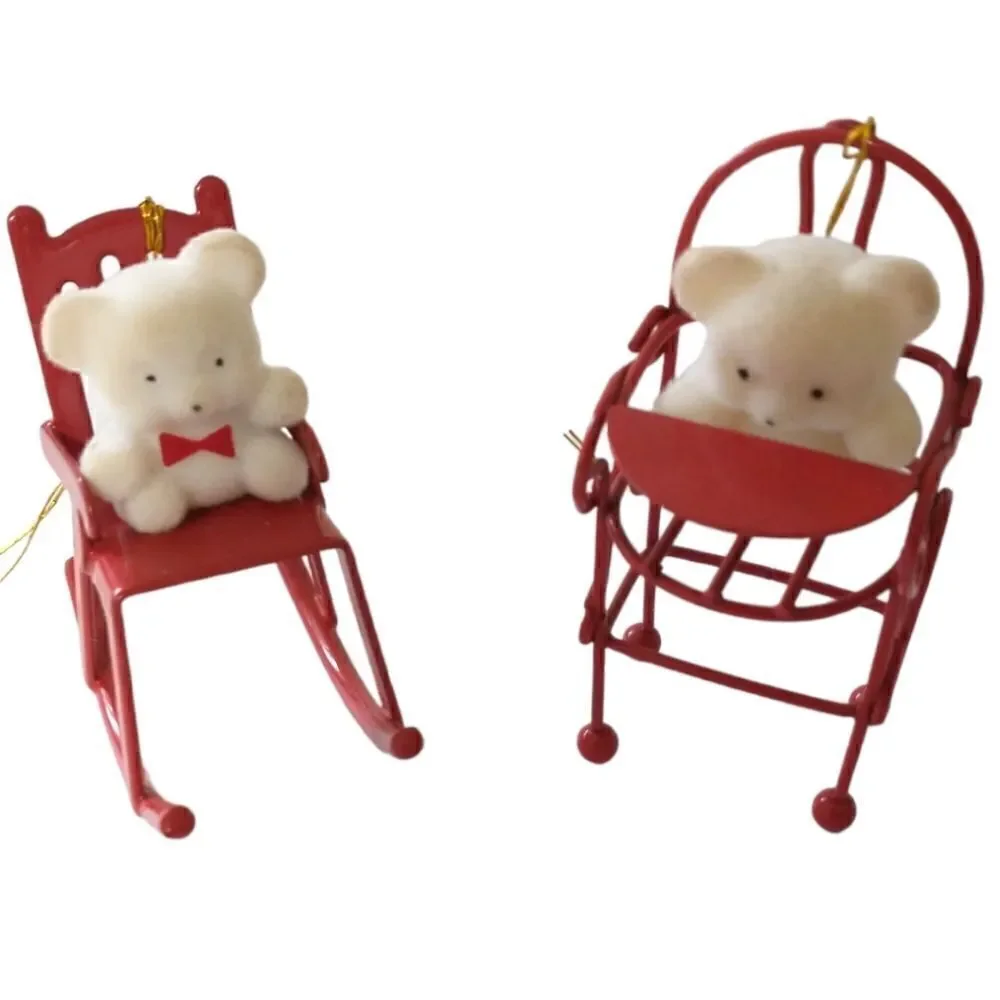 Avon Flocked Teddy Bear Ornament‎ Lot x 2 Red Metal Rocking Chair High Chair.